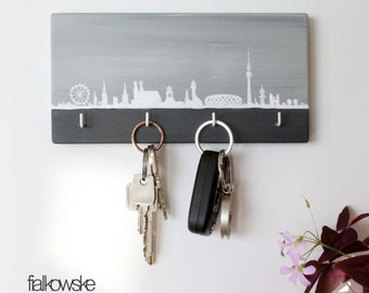 Key board "Munich Skyline" handpainted, handmade, Bavaria, key board, wooden strip, hook strip, jewelry hanger