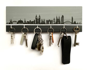 Key board "Magdeburg Skyline" hand-painted, handmade, Elbe, key board, wooden strip, hook strip, jewelry hanger