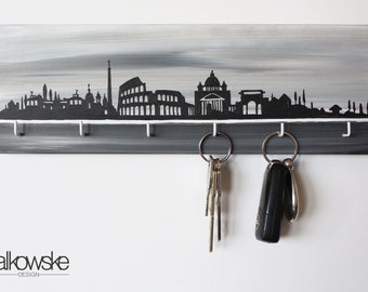 Schlüsselbrett „Rom Skyline“ handbemalt, handmade, Italien, Schlüsselboard, Holzleiste, Hakenleiste, Schmuckaufhänger