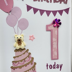 Handgemachte PERSONALISIERTE 1. Geburtstags-Karte Erster Geburtstagskuchen Mädchen-Tochter Schwester-Enkelin-Geschenk-Box 3D Rosa