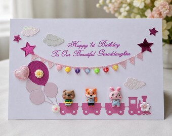 Handmade Personalized 1st Birthday Card, Pink Animal Train Gift Box