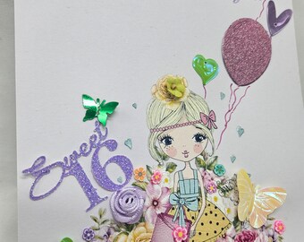 Handmade Sweet 16 Birthday Card: Daughter, Floral, Glitter