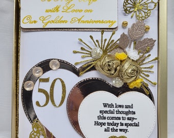 Luxury Handmade Anniversary card for Wonderful Wife  Golden wedding Anniversary card for Mum and Dad with gift box