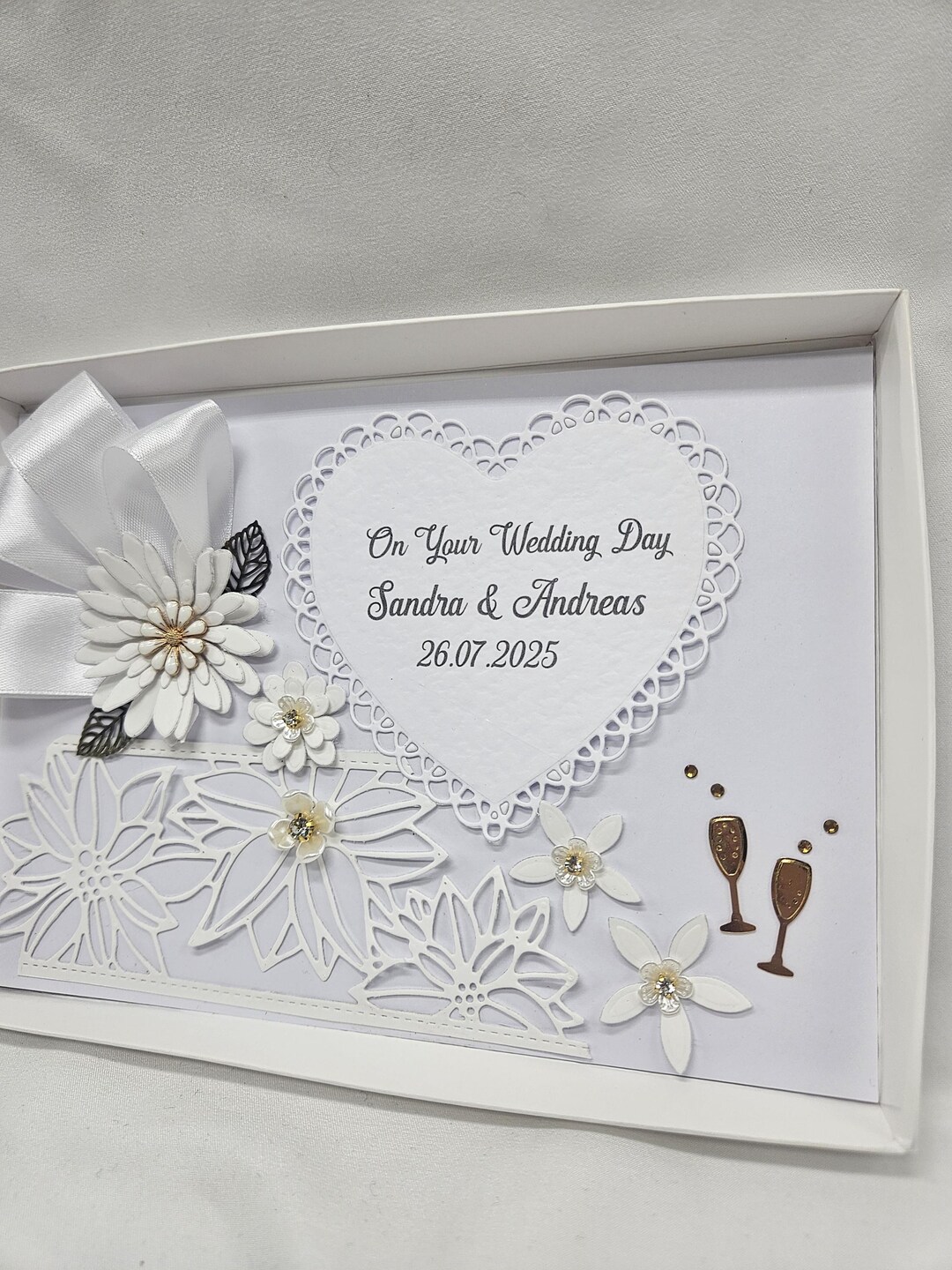 Personalized Handmade Wedding Card With Gift Box: 3D White Rose Design ...