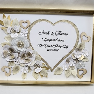 Biglietto di nozze personalizzato. Biglietto di nozze di lusso fatto a mano. Biglietto dorato in scatola per amici speciali, figlia, genero. Scatola regalo personalizzata.