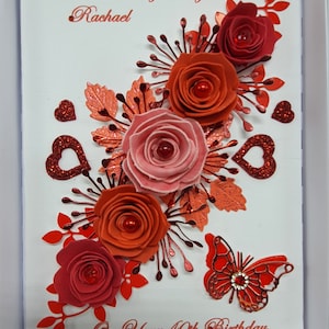 Tarjeta de San Valentín personalizada hecha a mano de lujo con caja de regalo de aniversario de rubí para marido, esposa, amiga o novia en 3D con rosa roja