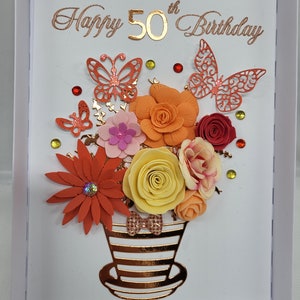 Handgemaakte 50e verjaardagskaart Gepersonaliseerde luxe kaart Jubileumkaart met geschenkdoos Op maat gemaakte kaart Bloemenpot