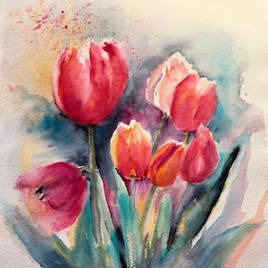 Expressive Tulips ORIGINAL MATTED WATERCOLOR by Donna Cary Free Shipping