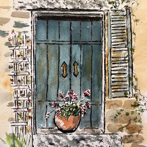 Old New Hampshire Door - Original signed pen and ink with watercolor by Donna Cary - Matted in White to fit 14 x 11 “ frame - wall decor