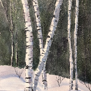Winter White Birches ORIGINALE MATTED ACQUERELLO Spedizione gratuita