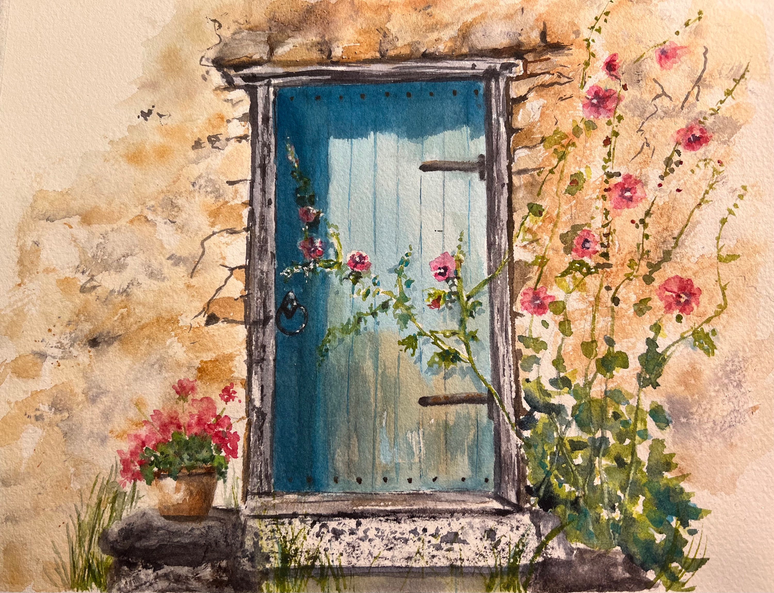 Old Blue Door and Hollyhocks Original Signed Watercolor Etsy