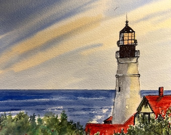 Portland Head fyr ORIGINAL akvarell Maine