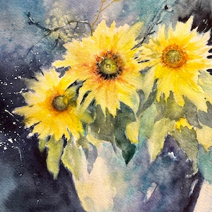 Blue Pot of Sunflowers - Original signed watercolor painting by Donna Cary - square format 8 x 8”