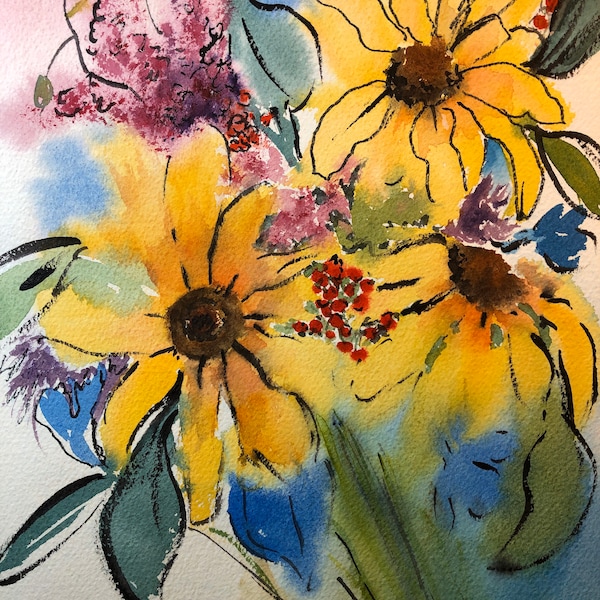 Brown Eyed Susans - Original Watercolor with Pen and Ink (Not a Print)  Fits into 16 x 20” Matted Frame
