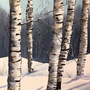 Birches in Snow - Original Watercolor Landscape (Not a Print) For 14 x 11” Matted  Frame