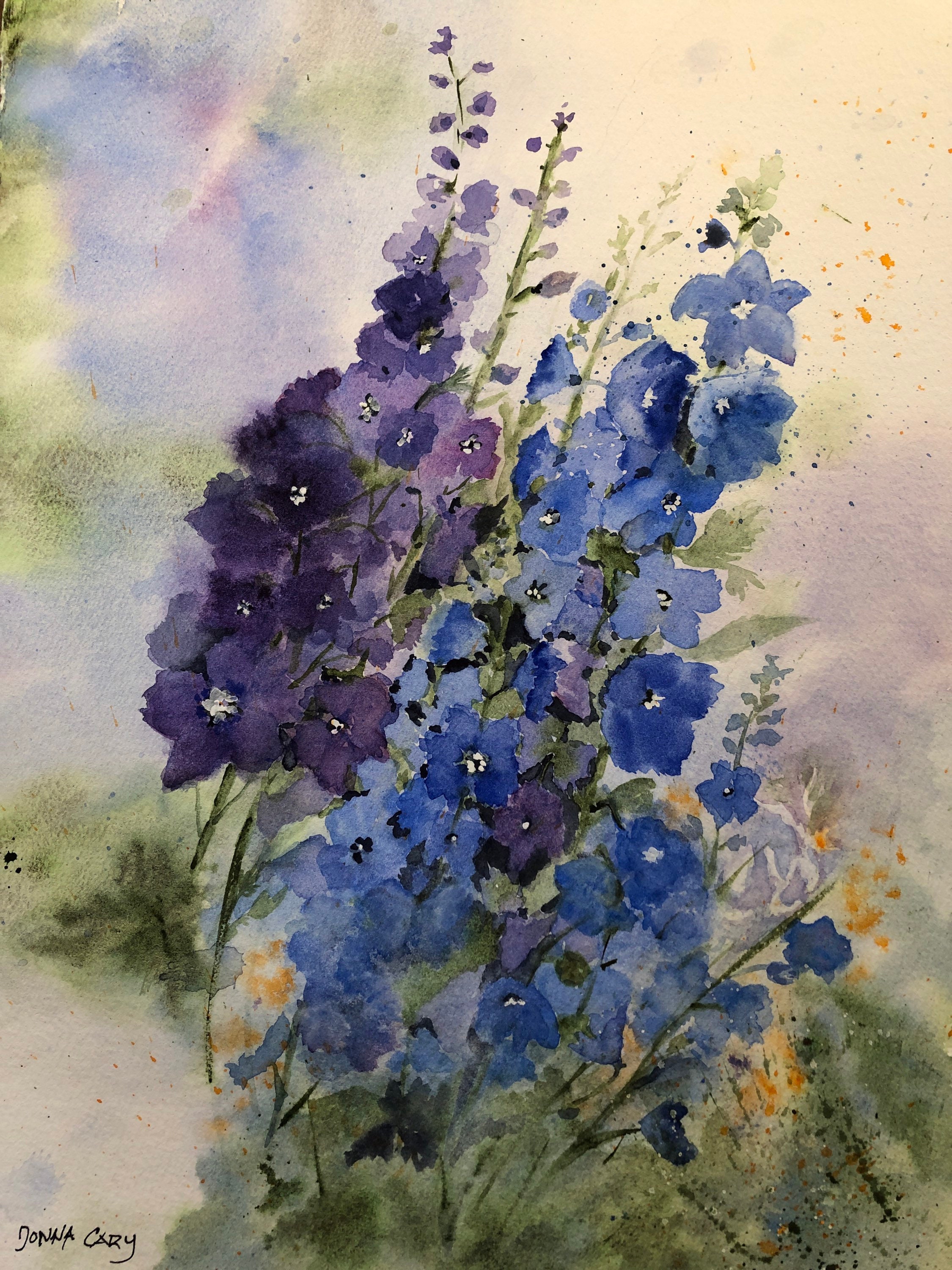 Purple and Blue Delphiniums - Original Signed Watercolor Painting by ...