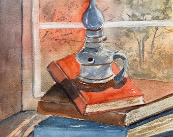 Libros antiguos ORIGINAL Acuarela de la artista de New Hampshire Donna Cary