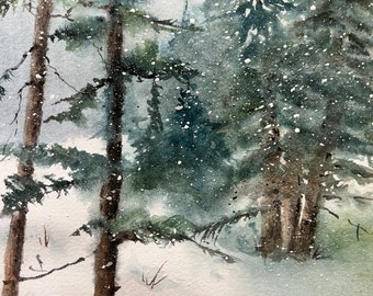 May include: Watercolor painting of a snowy forest scene. Tall evergreen trees with dark green needles stand against a soft, snowy background. White snowflakes fall gently, creating a serene winter landscape. The artwork is signed in the bottom right corner.