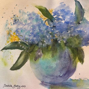 May include: A watercolour painting of a bouquet of blue flowers in a blue and green vase. The flowers are painted in a loose, impressionistic style, with a focus on capturing the light and shadow.