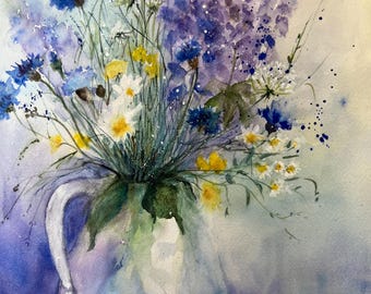 Original Wildflower Watercolor Painting: Floral Still Life Art for matted 11 x 14” frame