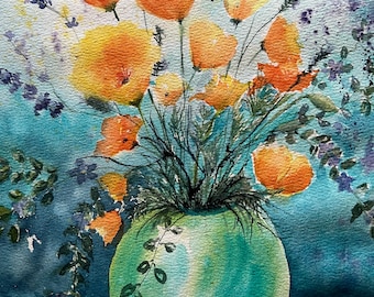Kalifornischer Mohn ORIGINAL Aquarell von Donna Cary Versandkostenfrei