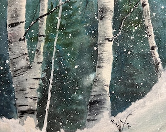Birches in the Snowfall  ORIGINAL 9 x 12 inch Watercolor by Donna Cary