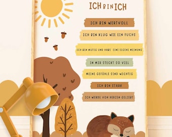 Affirmationsposter Kinder A3| Mutmacher| Kinderposter| Selbstliebe| Poster Kinderzimmer|  Kinderzimmer Poster Achtsamkeit |Montessori |Fuchs