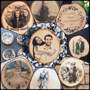 May include: A collage of nine wood slices with various designs. The designs include a couple embracing, a child in a jacket, a family portrait, a cityscape, a religious building, a dog, a couple walking, and a floral design with the text "Ve Rabbinin Nineti Minnet ve Shukranla an."
