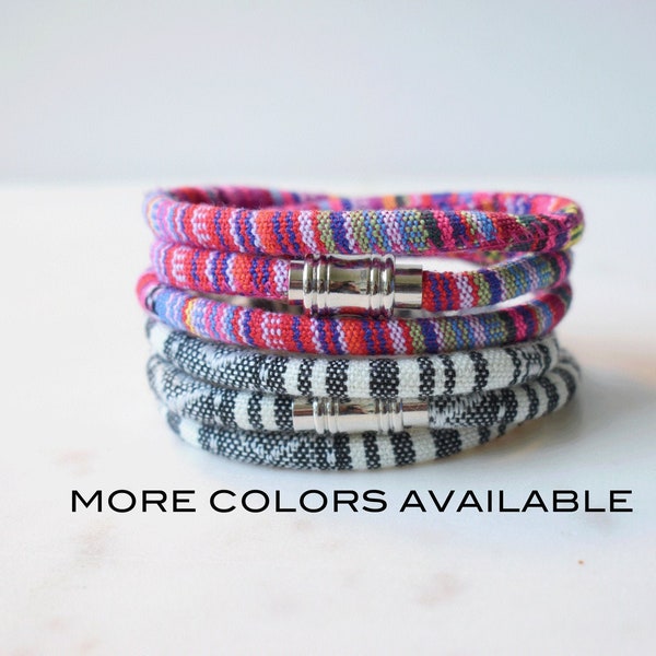 Ethnic Fabric Cord Triple Wrap Bracelet with Magnetic Clasp