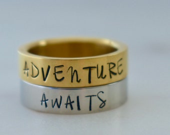 Adventure Awaits Ring, Stacked Rings, Adventure Ring, 5mm band, Silver or Gold Stainless Steel Ring