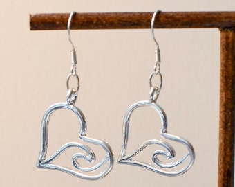 Wave Earrings, Wave Heart Earrings, Ocean Earrings, Surfer Earrings, Beach Earrings, Sterling Silver Hooks