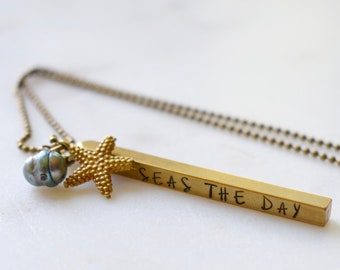 Seas The Day Necklace, Bar Pendant Necklace, Beachy Necklace, Skinny Bar Necklace