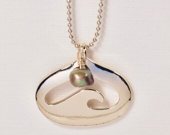 Silver Heart Wave Pendant Necklace with Blue Pearl