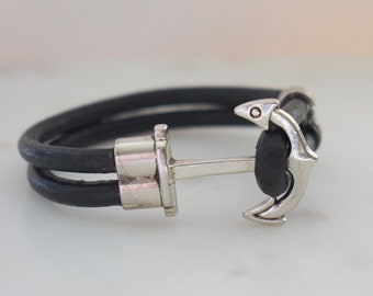 Silver Anchor Leather Bracelet, Silver Anchor Bracelet, Nautical Bracelet