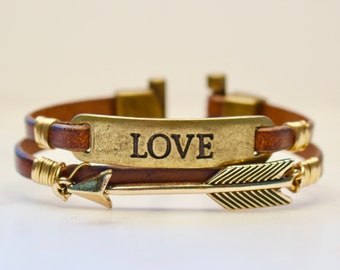 Love Bracelet, Arrow Bracelet, Leather Love Bracelet, Gift for Her