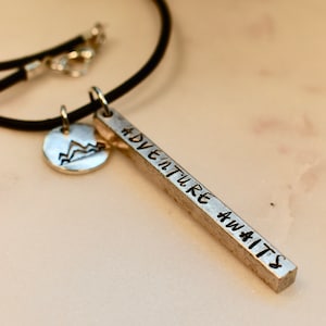 Adventure Awaits Necklace, Mountain Necklace, Camping Necklace, Adventure Necklace, Wanderlust Necklace, Skinny Bar Nacklace