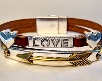 Love Bracelet, Leather Love Bracelet, Brown Leather Bracelet, Arrow Bracelet, Leather Arrow Bracelet