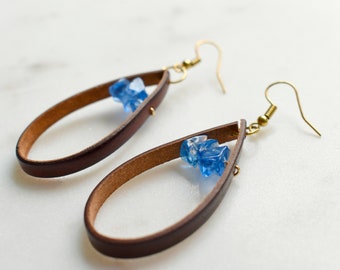 Leather and Glass Earrings, Leather Earrings with Blue Glass, Minimalist Earrings, Blue Glass Earrings, Brown Leather Earrings