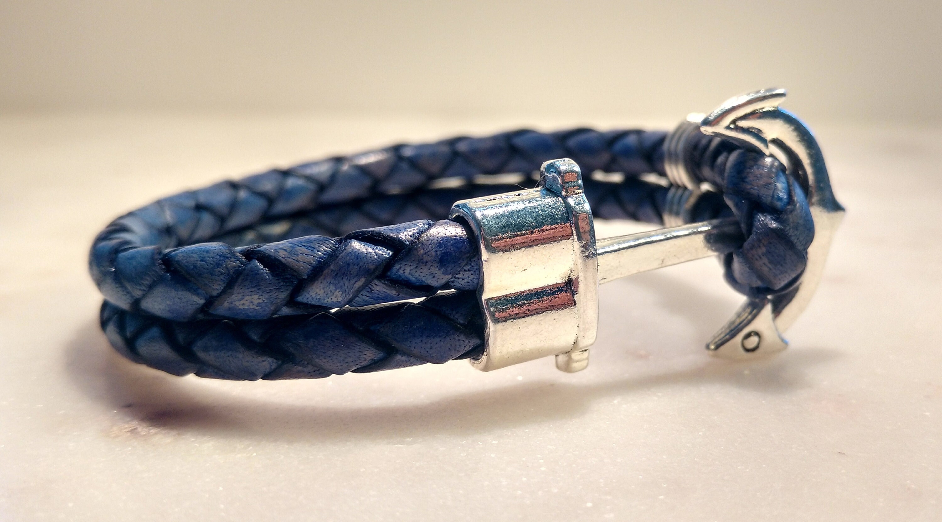 Anchor Bracelet, Silver Anchor Bracelet, Blue Leather Bracelet with ...