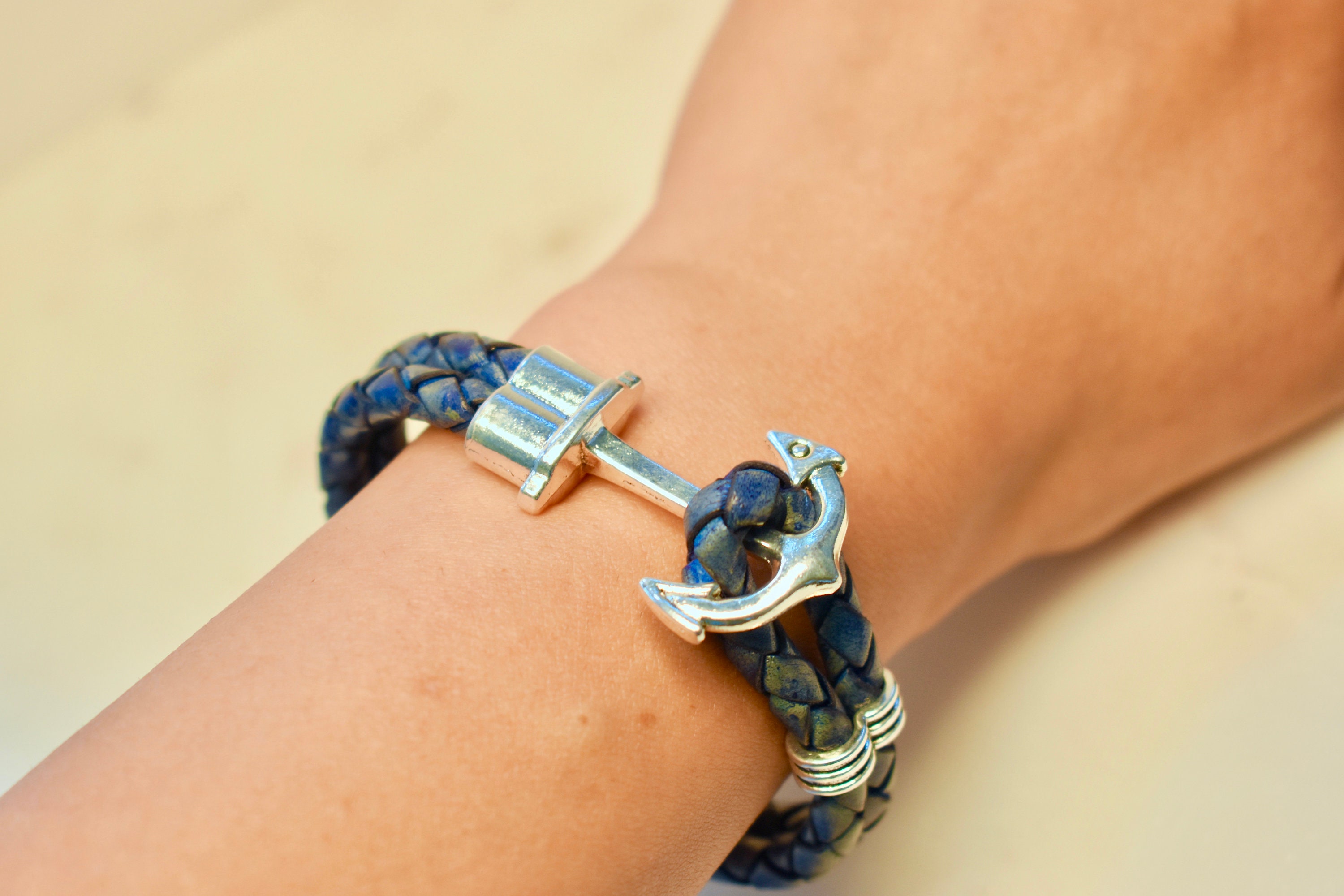 Anchor Bracelet, Silver Anchor Bracelet, Blue Leather Bracelet with ...