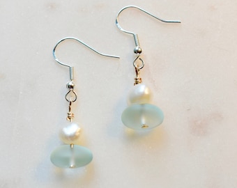 Sea Glass Earrings Sterling Silver Hooks, Beach Glass Drop Earrings Sterling Silver Hooks, Sea Glass and Pearl Earrings, Blue Sea Glass
