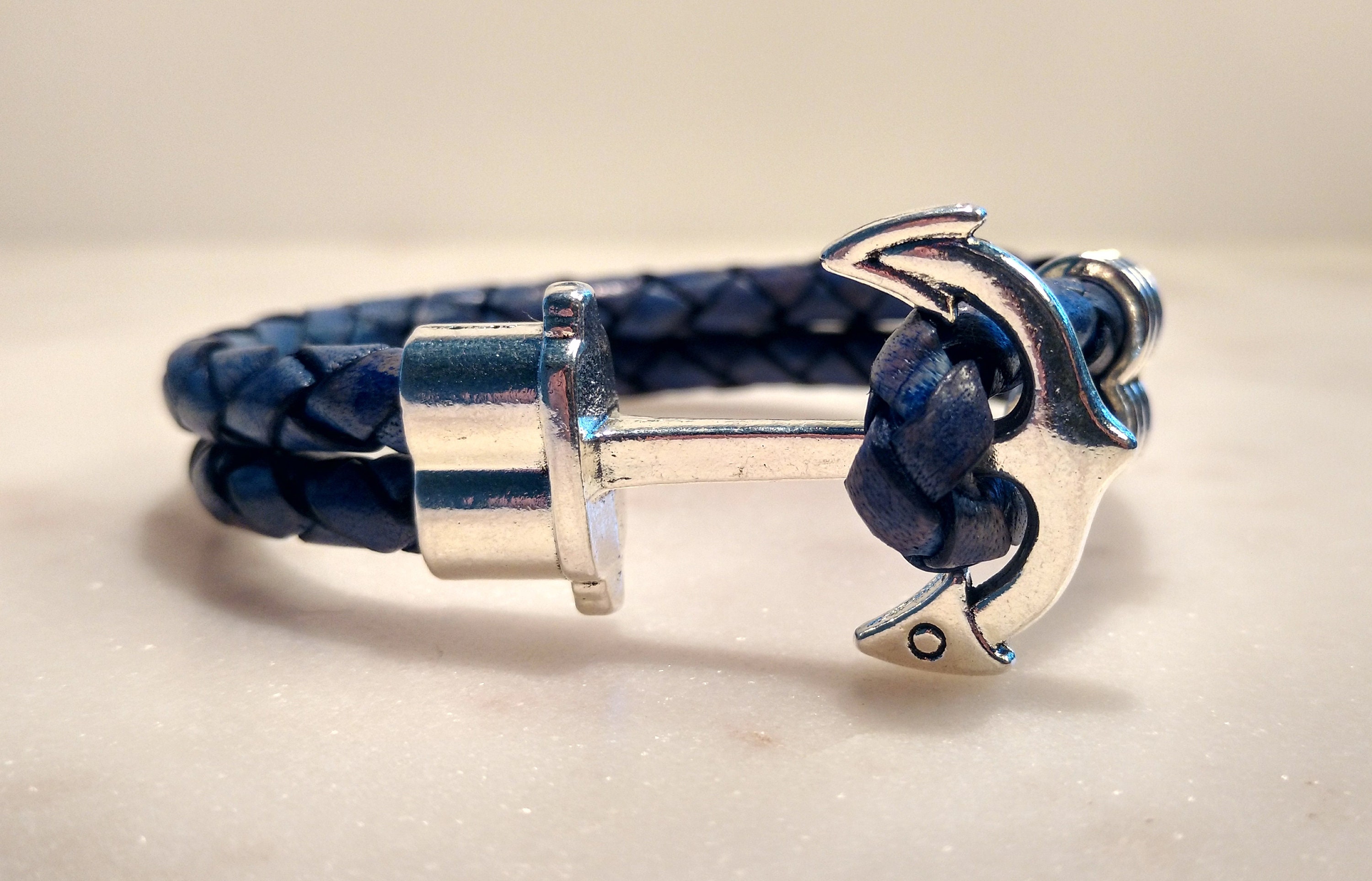 Anchor Bracelet, Silver Anchor Bracelet, Blue Leather Bracelet with ...