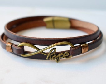 Hope Bracelet, Leather Infinity Bracelet, Inspirational Bracelet Magnetic Clasp