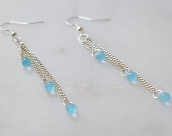 Sterling Silver Rain Drop Earrings, Frosted Glass Earrings, Blue Glass Earrings, Chain Earrings, Cascade Earrings