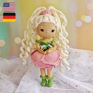 Crochet doll pattern, flower girl amigurumi, peony doll tutorial in English and German, diy gift for girl