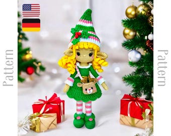 Modèle de poupée lutin de Noël au crochet, amigurumi de poupée d'hiver en anglais et en allemand, cadeau de nouvel an, cadeau de bricolage pour fille