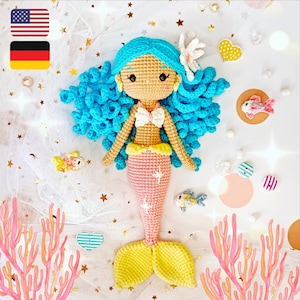 Crochet mermaid pattern, amigurumi doll tutorial in English and German, diy gift for girl