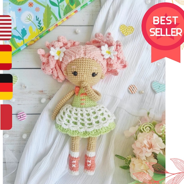 Crochet doll pattern, amigurumi doll in dress tutorial, gift for girl