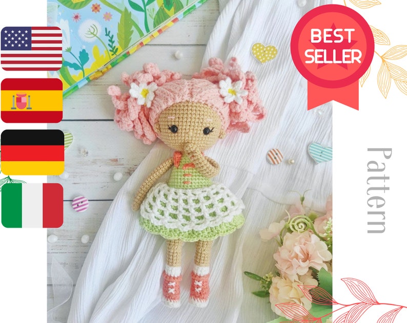 Crochet doll pattern, amigurumi doll in dress tutorial, gift for girl image 1