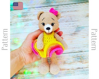 Crochet teddy bear pattern PDF, bear in dress pattern, amigurumi toy for girl, doll